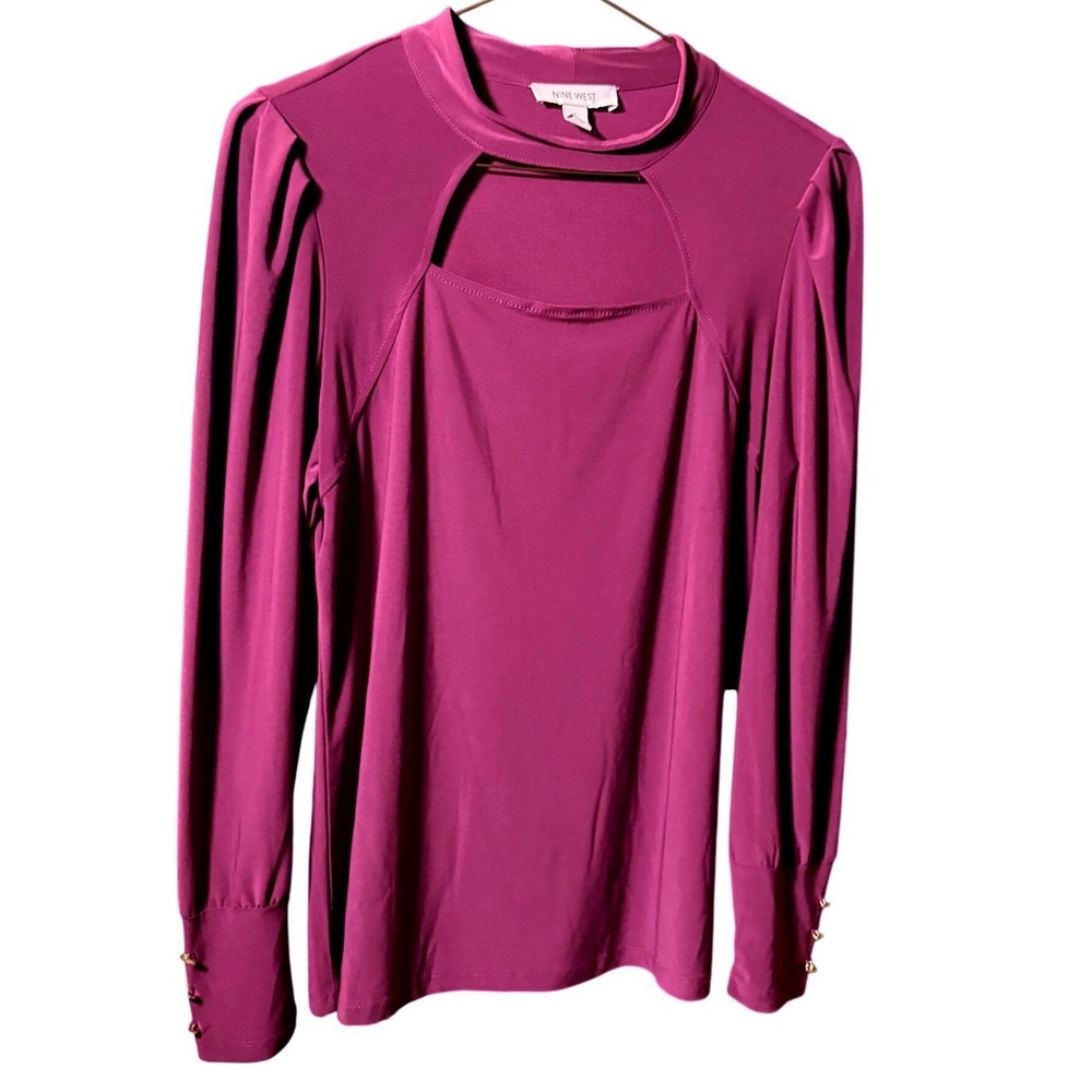 Nine West Blouse Women's Large Purple Good Cutout Neck Long Sleeve Button Cuff